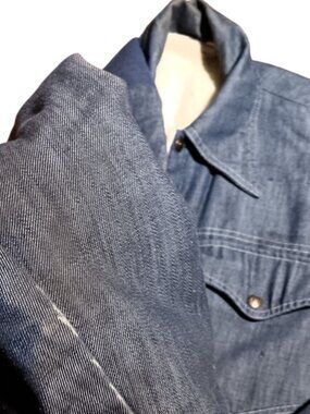 True Vintage Denim Jacket Large Trucker Rancher 70's Sherpa Snap Distressed